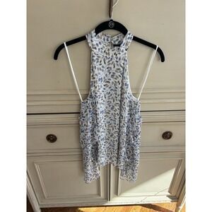 Intermix Silk High Neck Blue Leaf Blouse Open Shoulder Small Lined Spring